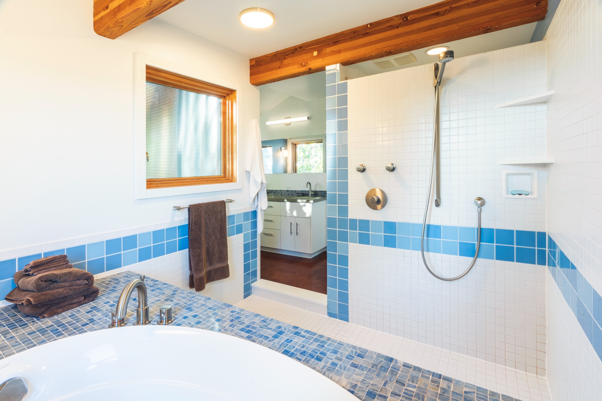 Bathroom with blue and white tile