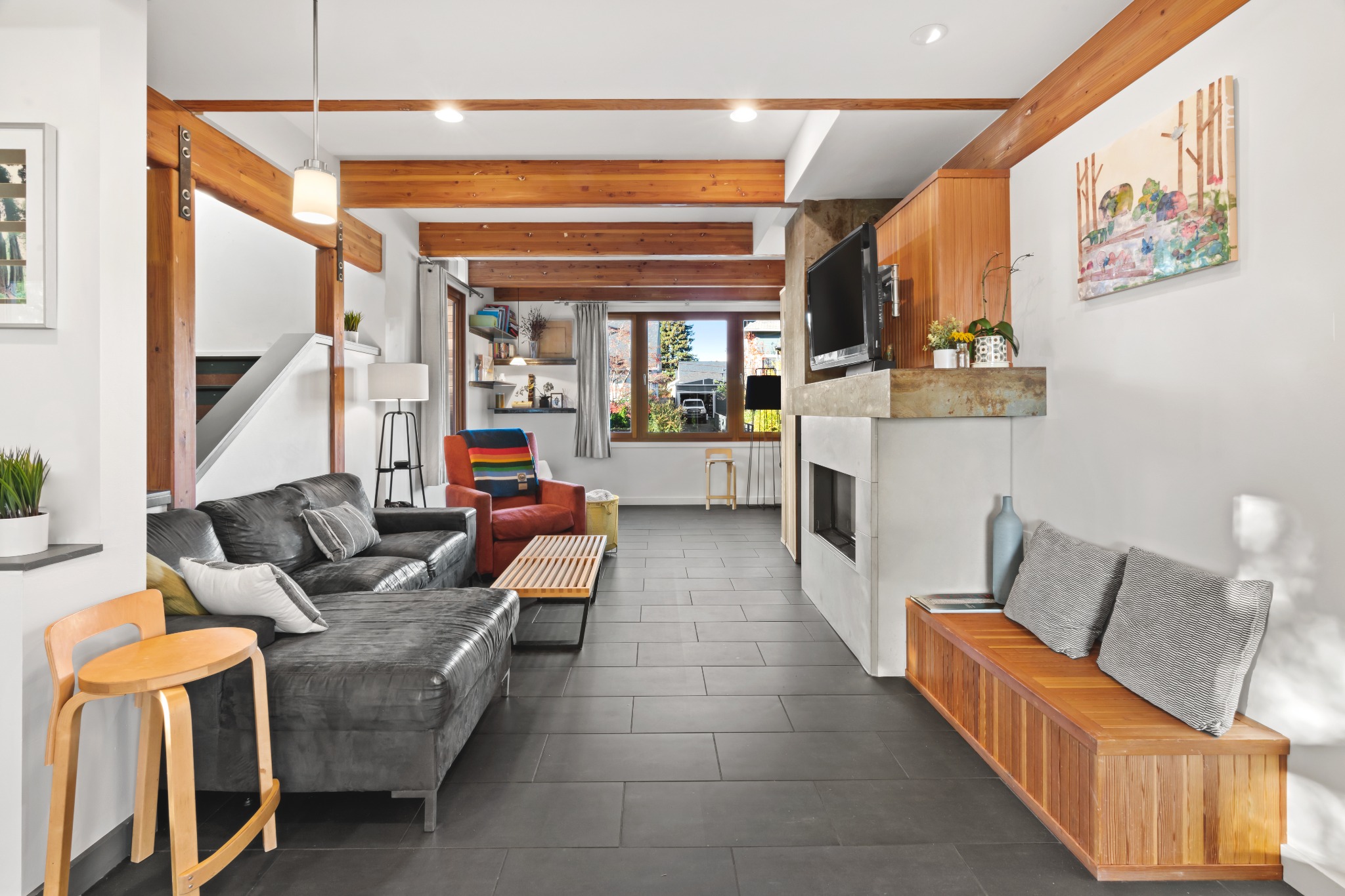 Living room with exposed wood beams